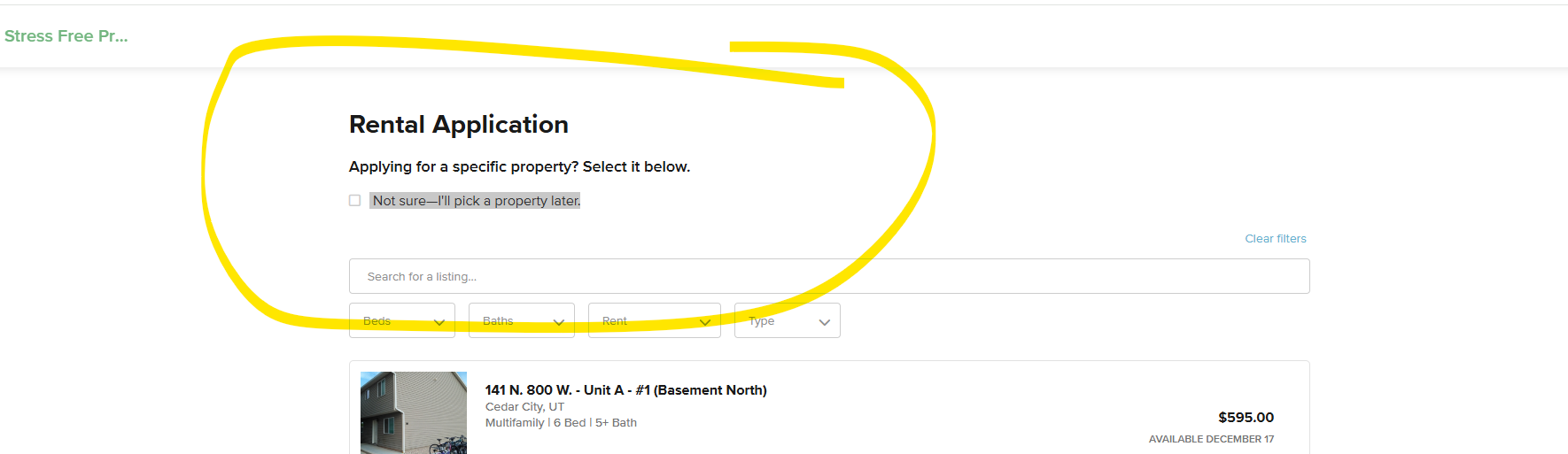 Rental application property selection example